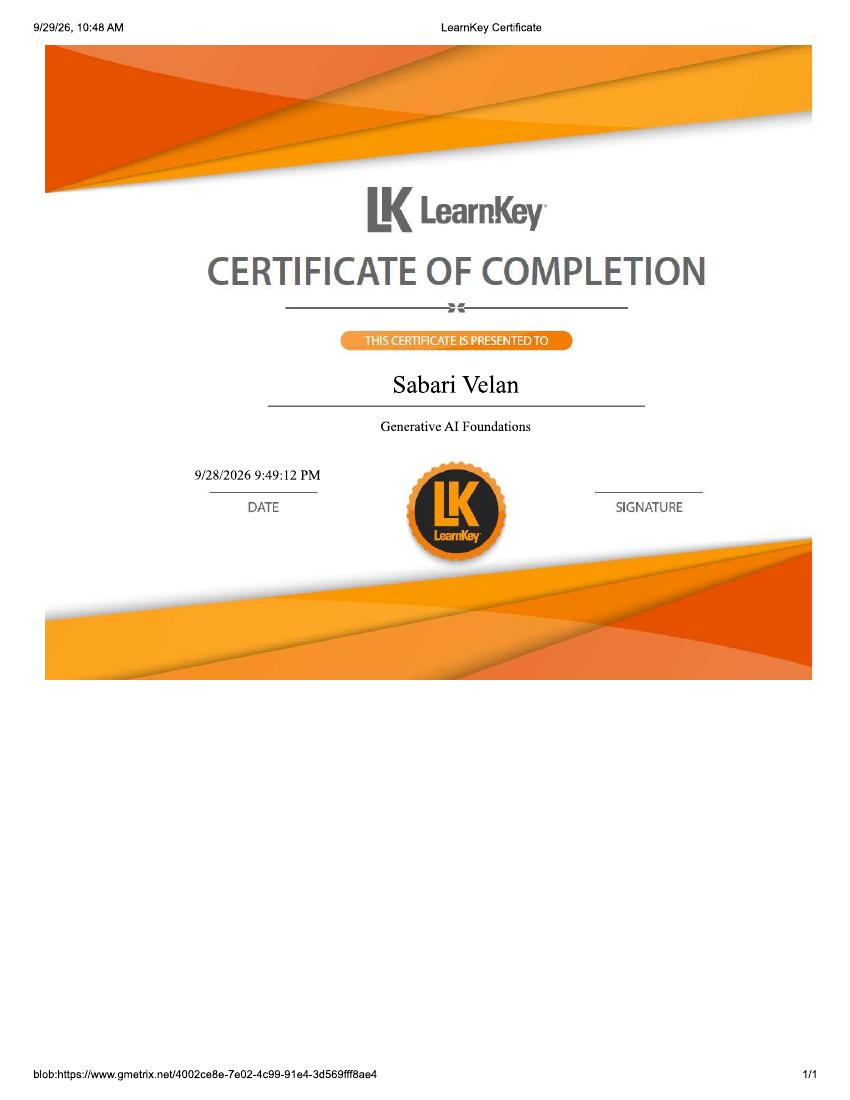 Generative AI Foundations certificate issued by LearnKey