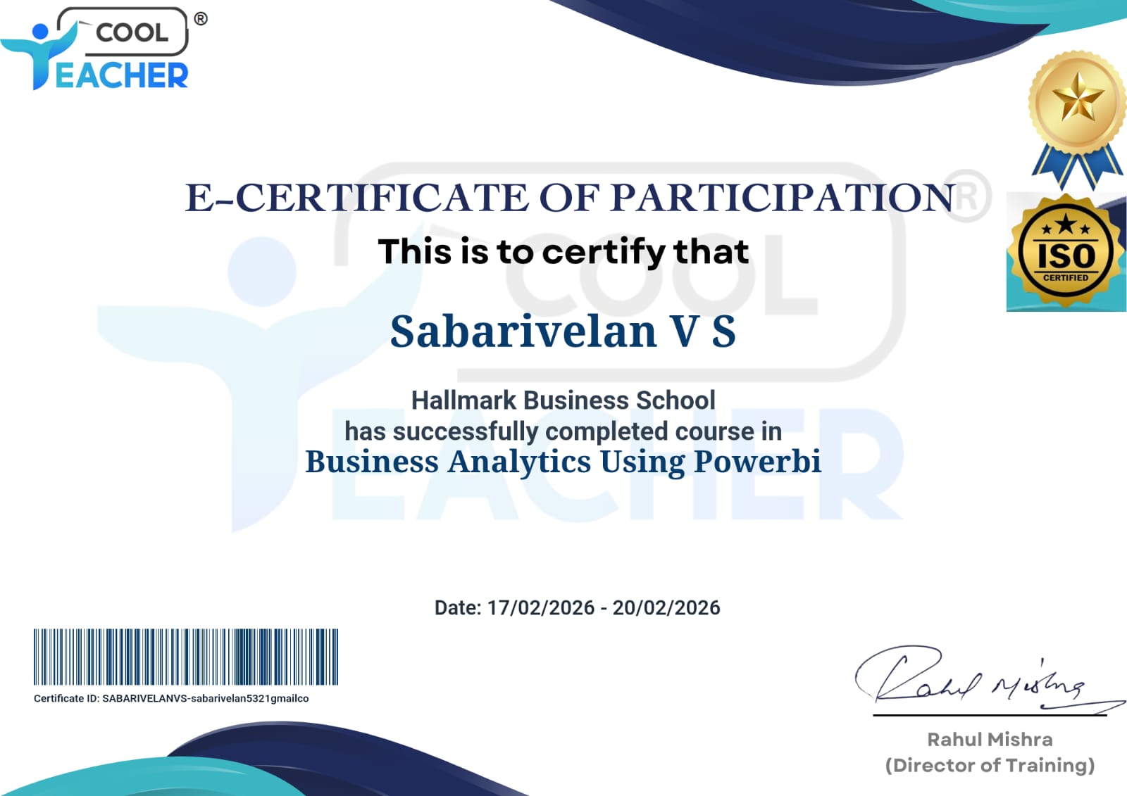 Business Analytics Using Power BI certificate issued by Cool Teacher · Hallmark Business School