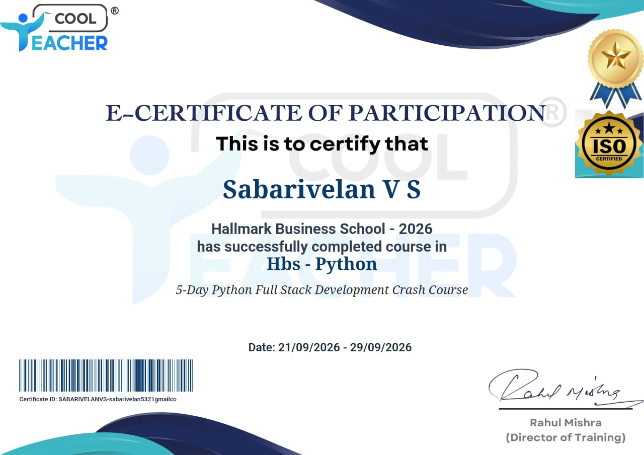 Python Full Stack Development Crash Course certificate issued by Cool Teacher · Hallmark Business School